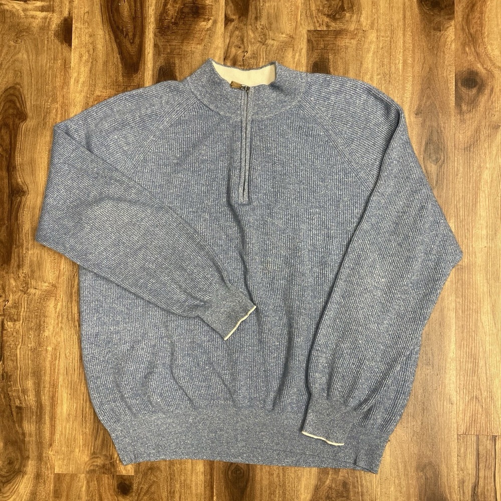 Peter Millar Quarter Zip Sweater Mens XXL Blue Cashmere Linen Blend Ribbed Knit